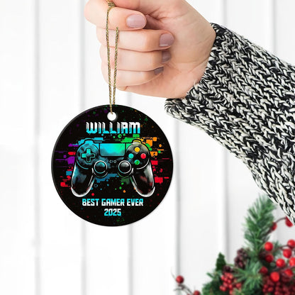 Gamer Controller Neon Ceramic Ornament – Personalized Custom Name Circle Keepsake, Christmas Gift for Boys, Men or Video Game Lover