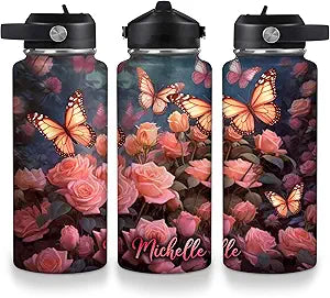 Black and White Floral Skull Travel Insulated Stainless Steel Bottle with Leak-Proof Lid 32oz - Personalized Skull Lover Gift