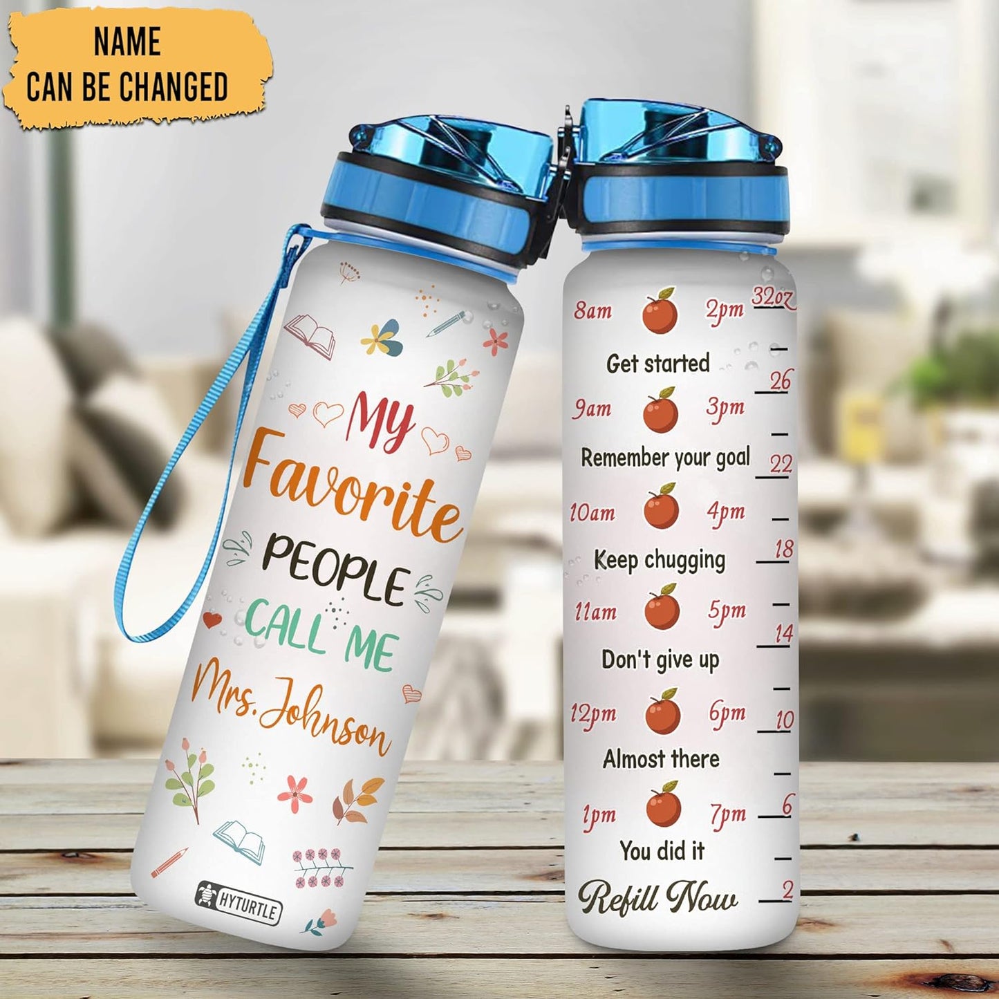 Teacher Appreciation Water Bottle Tracker 32oz Personalized – Motivational Daily Bottle with Time Marker – Unique Gift for Teachers