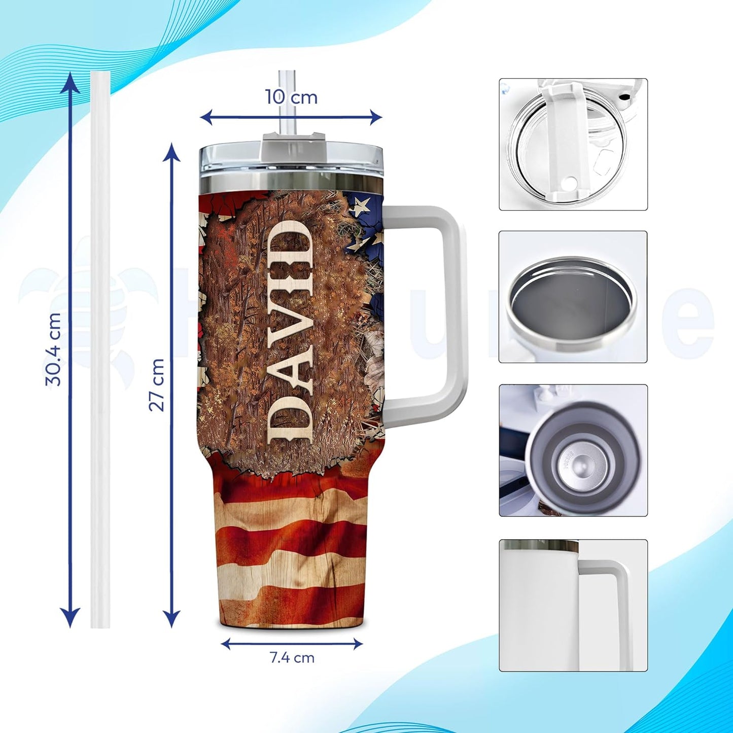 Deer Hunting Tumbler 40oz with Handle & Straw – Personalized Stainless Steel Travel Cup with Lid – Outdoor Gift for Hunters & Dads