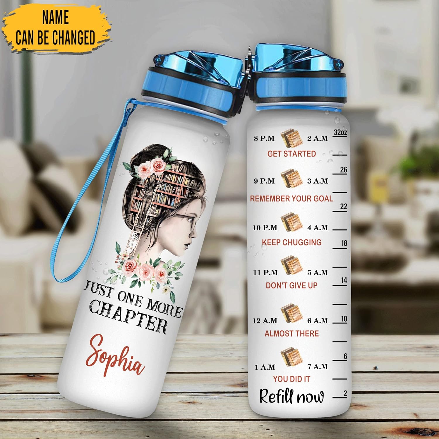 Just One More Chapter Water Bottle Tracker 32oz – Personalized Motivational Hydration Bottle – Thoughtful Gift for Book Lovers