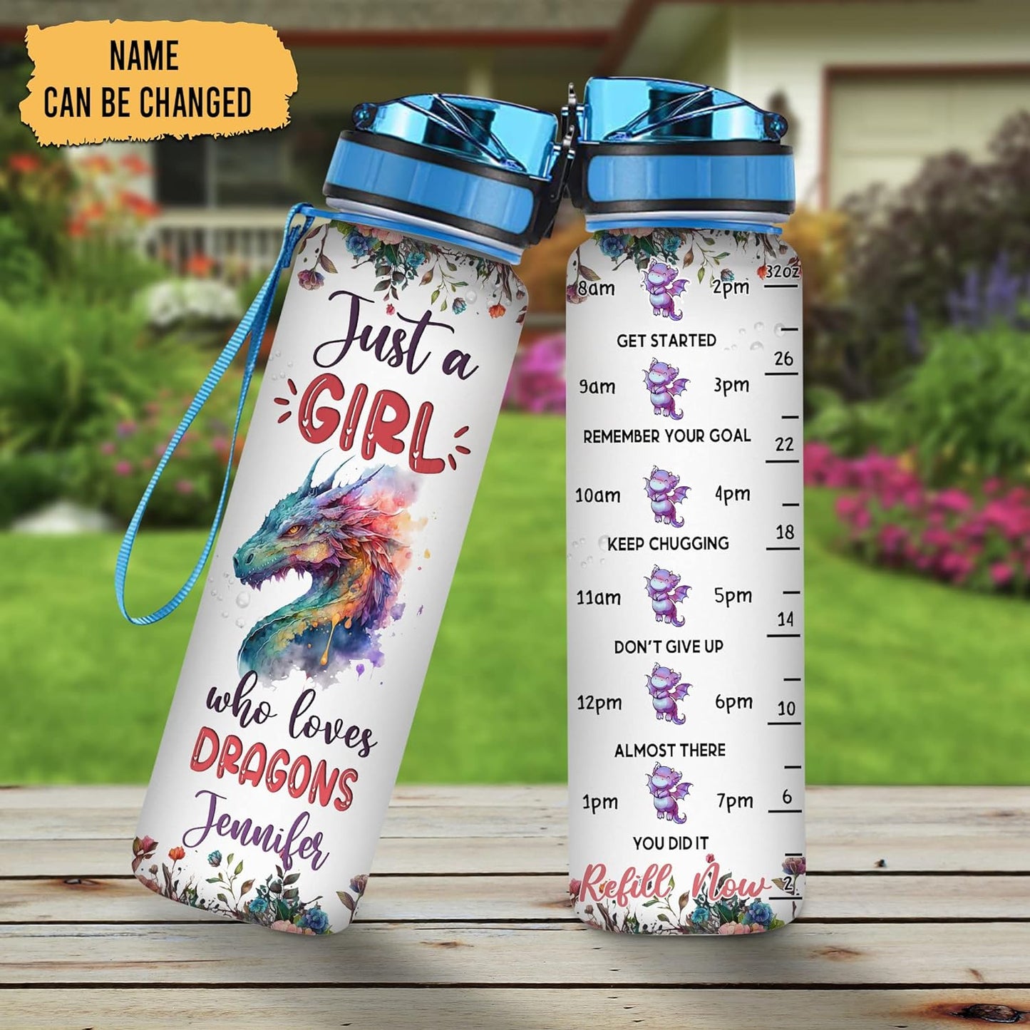 Dragon Lovers Water Bottle Tracker 32oz – Personalized Motivational Bottle with Time Marker – Unique Gift for Fantasy Fans
