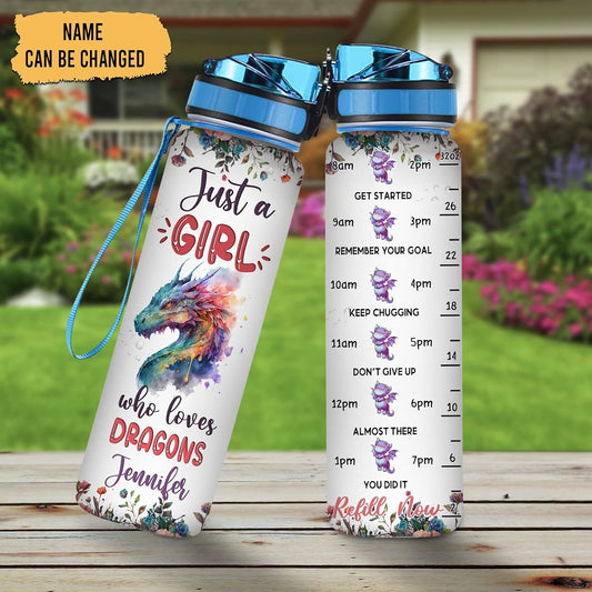 Dragon Lovers Water Bottle Tracker 32oz – Personalized Motivational Bottle with Time Marker – Unique Gift for Fantasy Fans