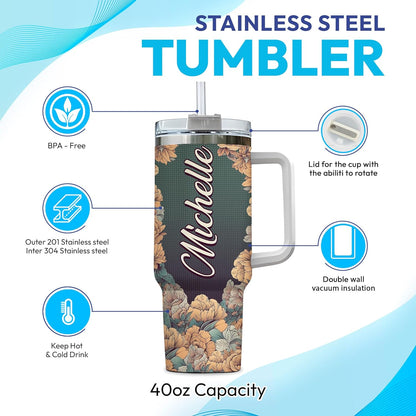 Floral Unicorn Tumbler 40oz with Handle & Straw – Personalized Stainless Steel Travel Cup with Lid – Magical Gift for Fantasy Lovers