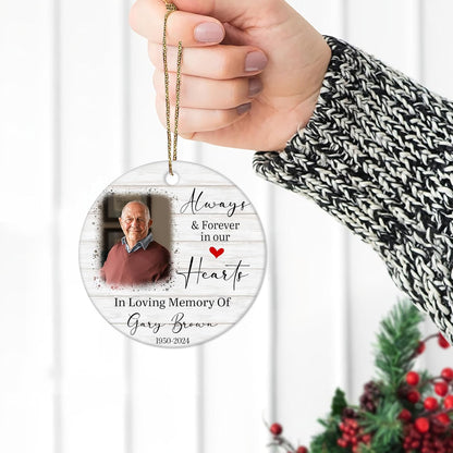 Wood-Look Photo Memorial Ceramic Ornament – Personalized Remembrance Gift for Loss of Loved One at Christmas