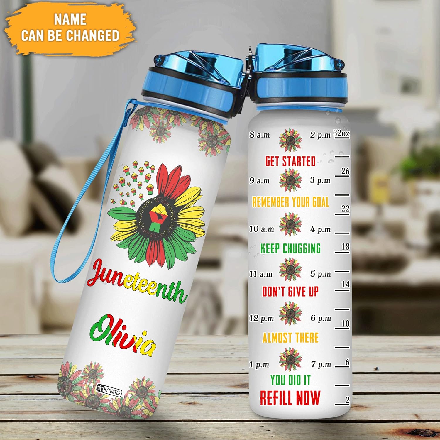 Juneteenth Sunflower African - Personalized Water Tracker Bottle 32oz