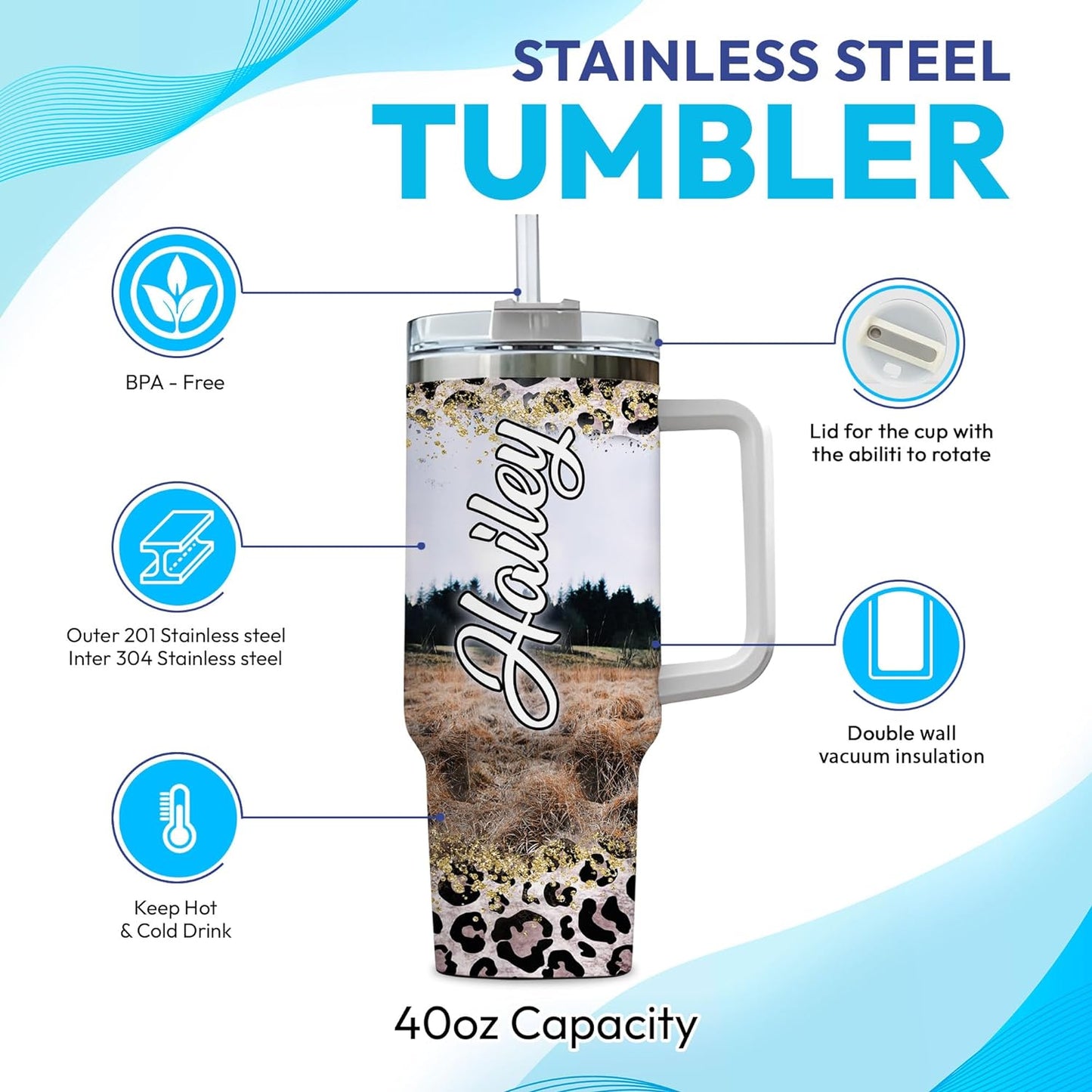 Floral Highland Cow Tumbler 40oz – Personalized Stainless Steel Insulated Travel Cup with Handle & Straw, Leak-Proof Lid – Stylish Gift for Farm Animal Lovers
