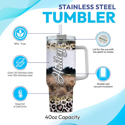 Floral Highland Cow Tumbler 40oz – Personalized Stainless Steel Insulated Travel Cup with Handle & Straw, Leak-Proof Lid – Stylish Gift for Farm Animal Lovers