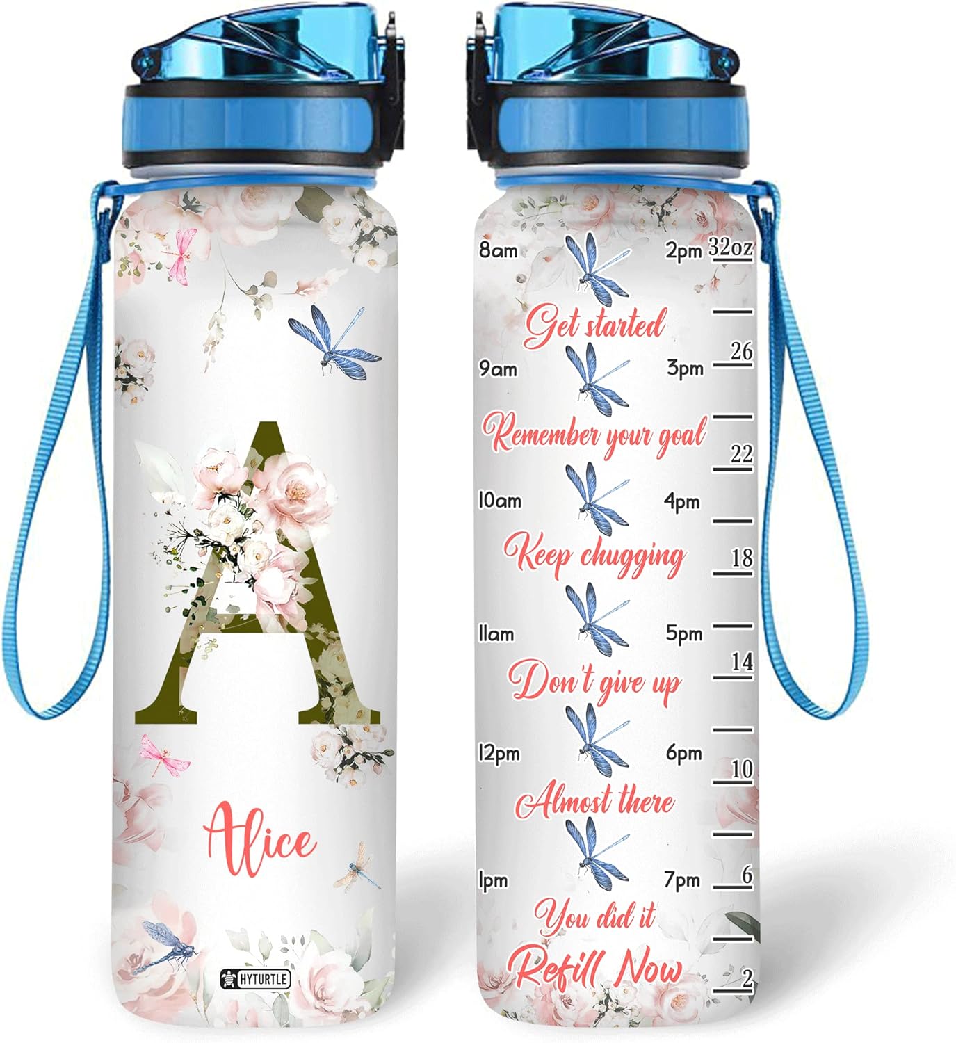 Dragonfly Floral Pattern - Personalized Water Tracker Bottle 32oz