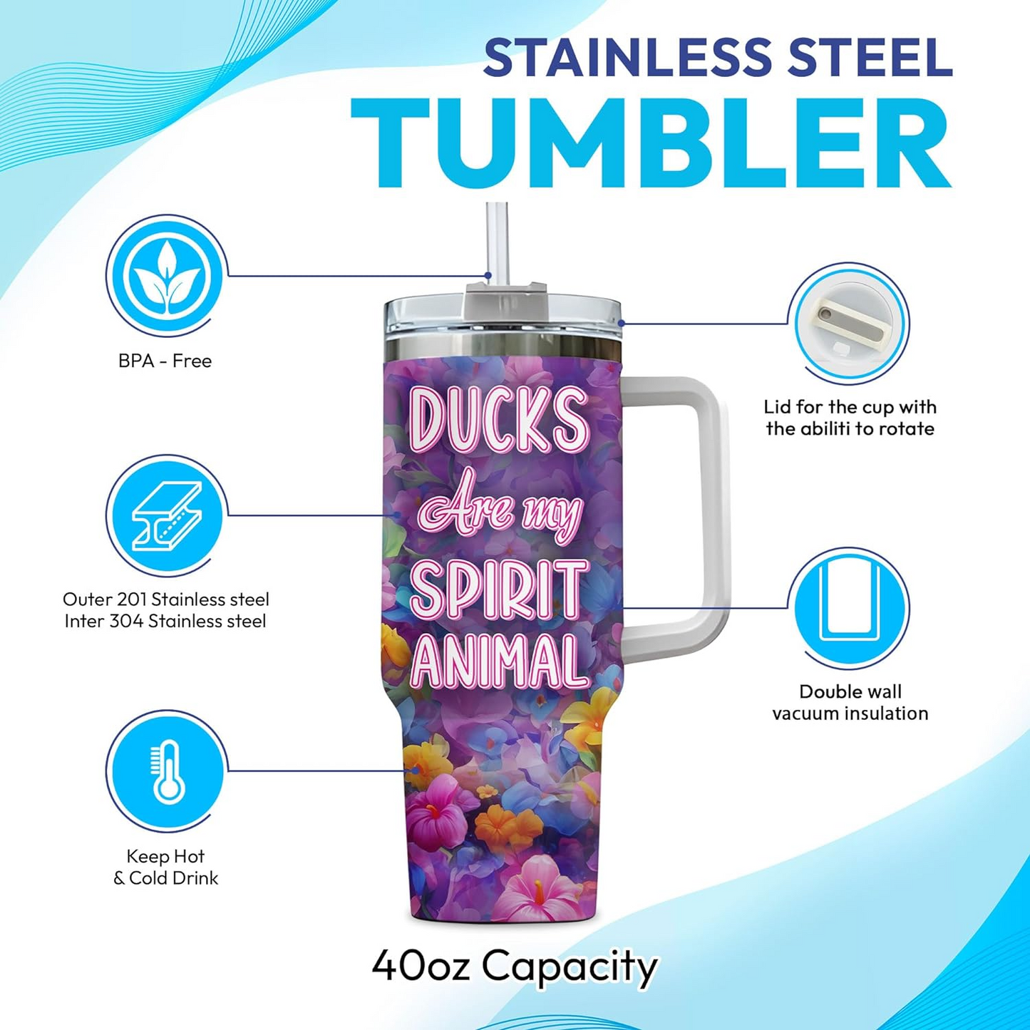 Duck Lover Tumbler 40oz with Handle & Straw – Personalized Stainless Steel Insulated Travel Cup with Lid – Cute Farm Animal Gift for Birthday & Holidays