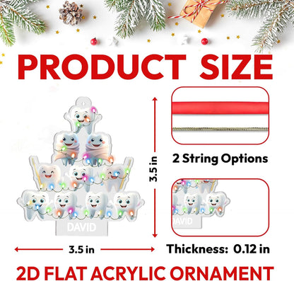 Smiling teeth Christmas tree cut acrylic ornament – personalized dental design, custom name holiday gift for dentist, hygienist, assistant or dental student