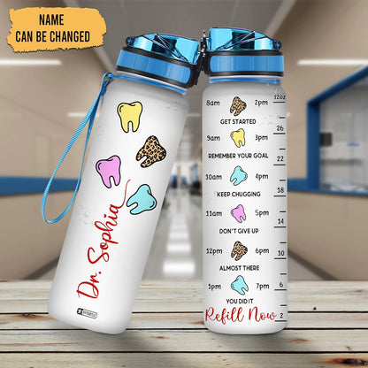 Tooth Dental Theme Water Bottle Tracker 32oz – Personalized Hydration Bottle with Time Marker – Cute Gift for Dental Lovers