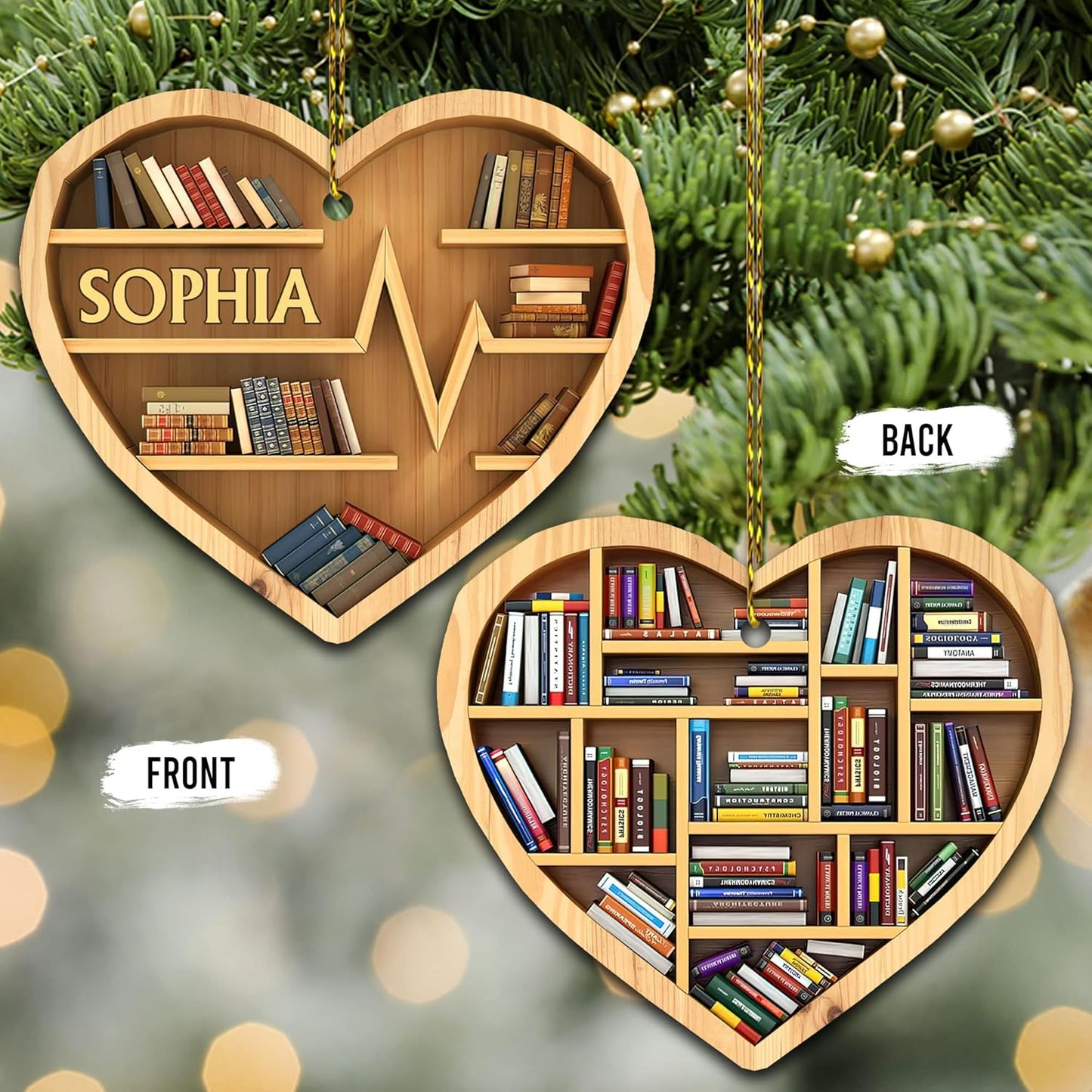 Bookshelf Heartbeat Wood Ornament – Personalized Christmas Gift for Teacher, Librarian, or Book Lover