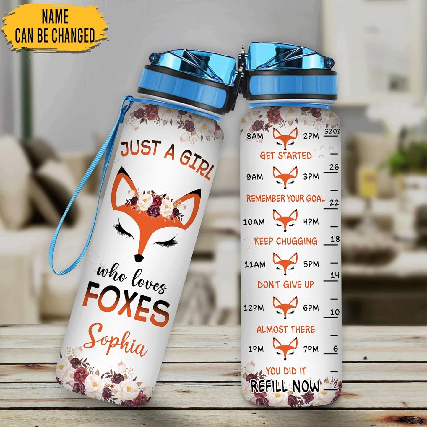 Just a Girl Who Loves Foxes Water Bottle Tracker 32oz – Personalized Motivational Bottle with Time Marker – Cute Gift for Animal Lovers