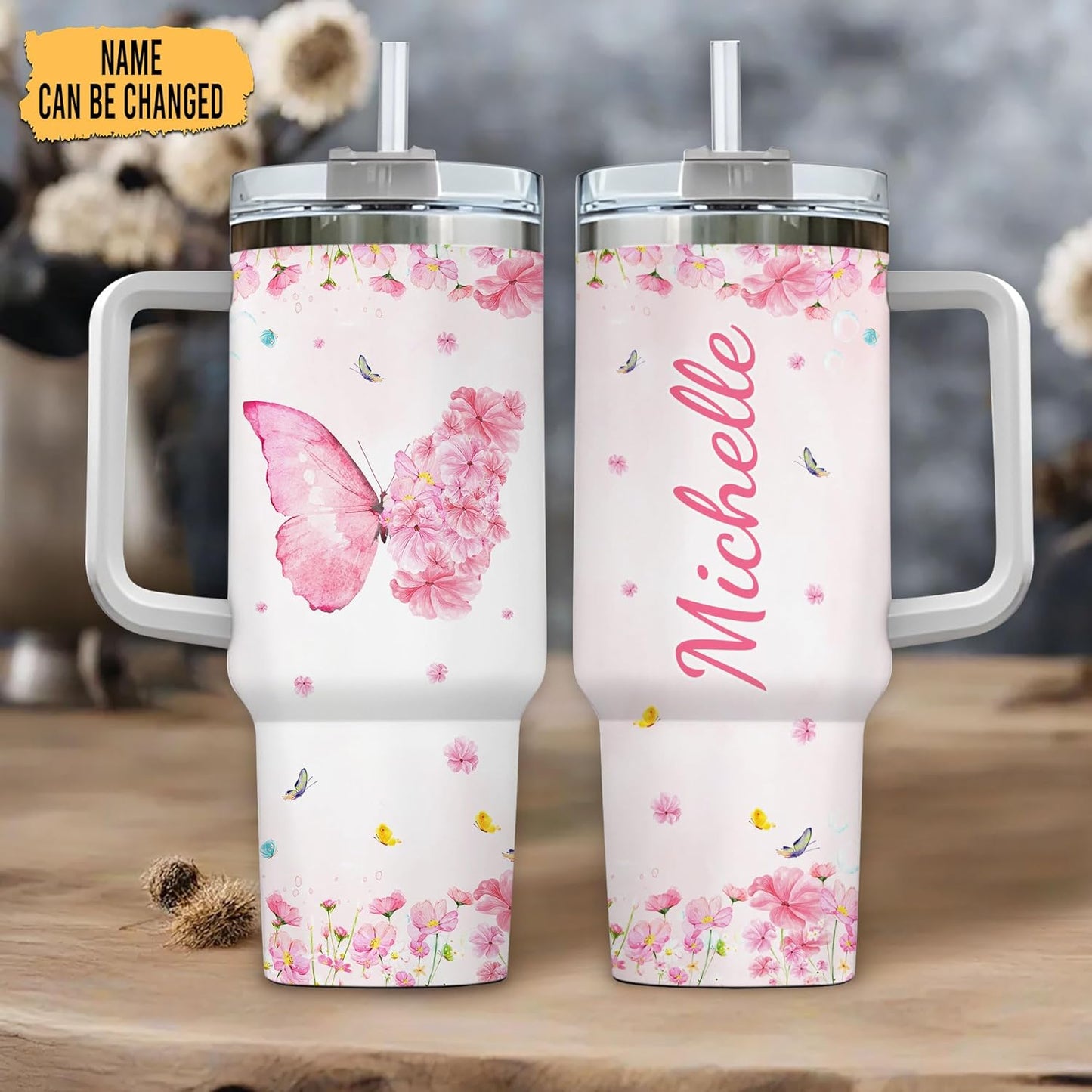 Pink Butterfly Floral Tumbler 40oz – Personalized Stainless Steel Insulated Cup with Handle & Straw – Unique Gift for Butterfly Lovers