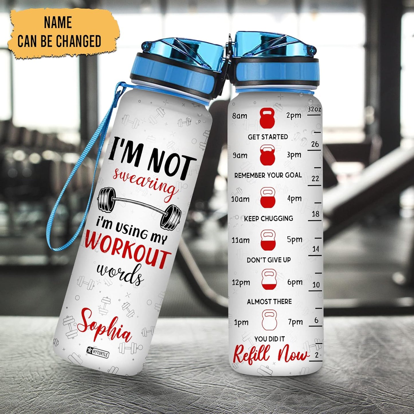 Workout Words Water Bottle Tracker 32oz – Personalized Fitness Daily Bottle with Time Marker – Fun Gym Gift for Women