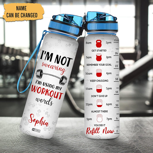 Workout Words Water Bottle Tracker 32oz – Personalized Fitness Daily Bottle with Time Marker – Fun Gym Gift for Women