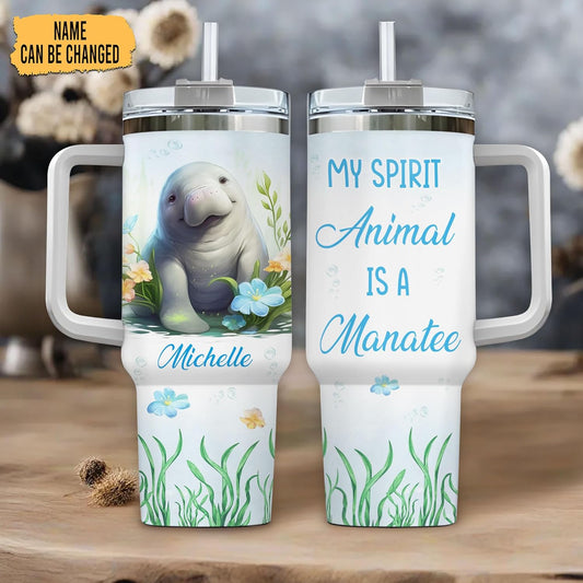 Manatee Ocean Theme Tumbler 40oz with Handle & Straw – Personalized Stainless Steel Insulated Cup with Lid – Cute Gift for Sea Animal Lovers