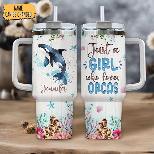 Orca Lover Tumbler 40oz – Personalized Stainless Steel Travel Cup with Handle & Straw, Marine Watercolor Design – Creative Gift for Women & Girls