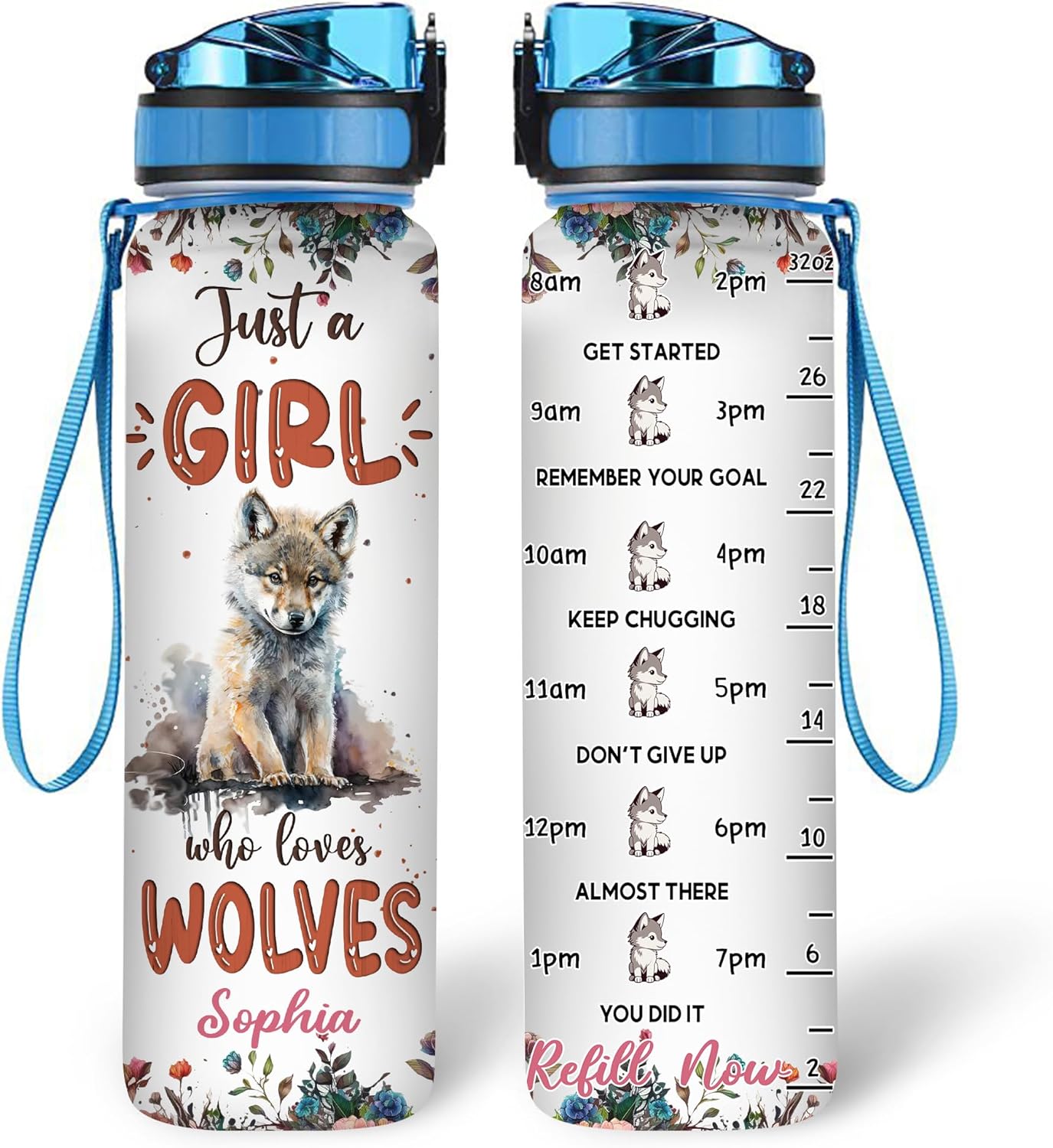 Wolf Design Water Bottle Tracker 32oz Personalized – Cute Animal Hydration Bottle – Unique Birthday or Christmas Gift for Wolf Lovers