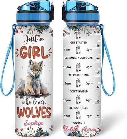 Wolf Design Water Bottle Tracker 32oz Personalized – Cute Animal Hydration Bottle – Unique Birthday or Christmas Gift for Wolf Lovers