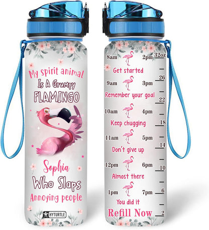 Flamingo Water Bottle Tracker 32oz – Personalized Motivational Bottle with Time Marker – Funny Gift for Women & Friends