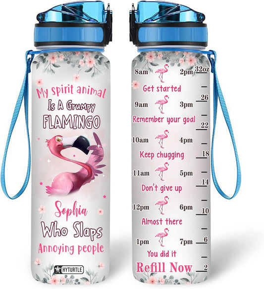 Flamingo Water Bottle Tracker 32oz – Personalized Motivational Bottle with Time Marker – Funny Gift for Women & Friends