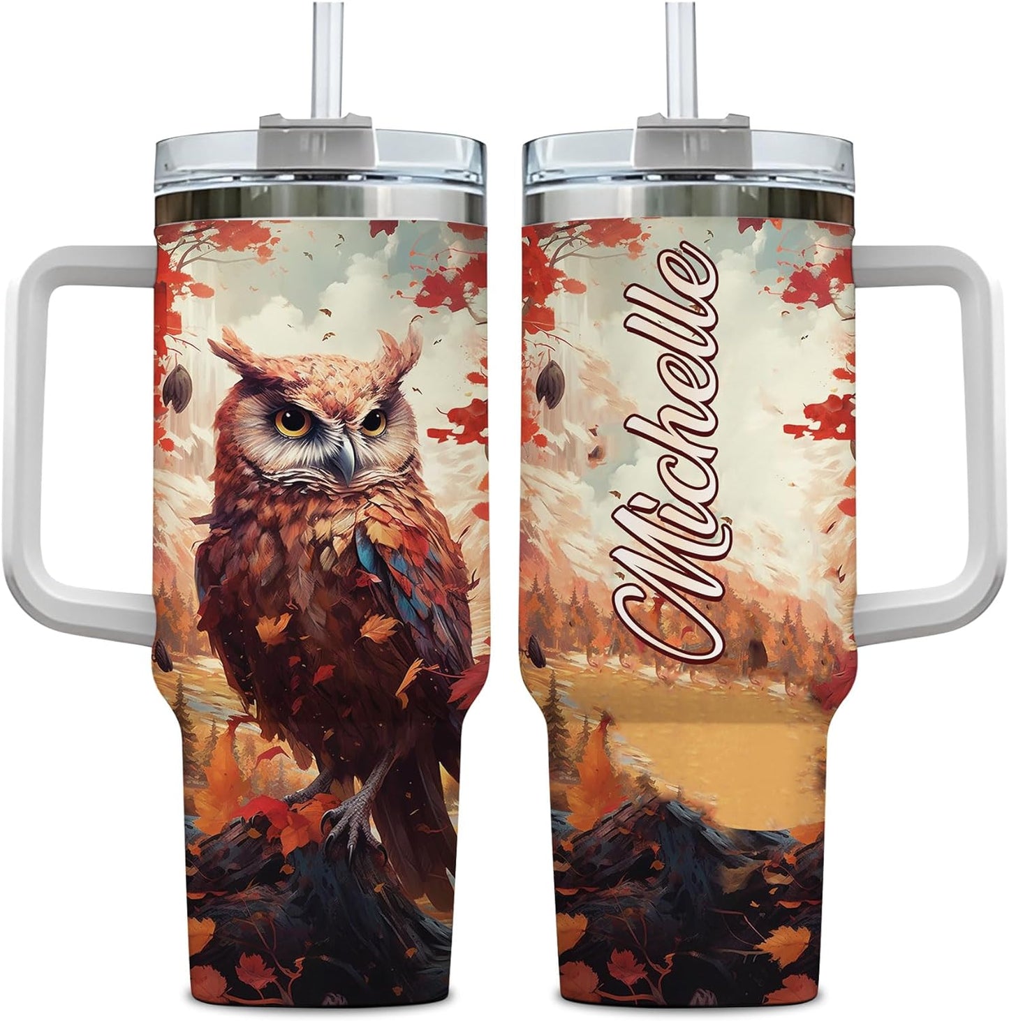 Fall Owl Tumbler 40oz – Personalized Stainless Steel Insulated Travel Cup with Handle & Straw, Leak-Proof Lid – Stylish Autumn Gift for Owl Lovers