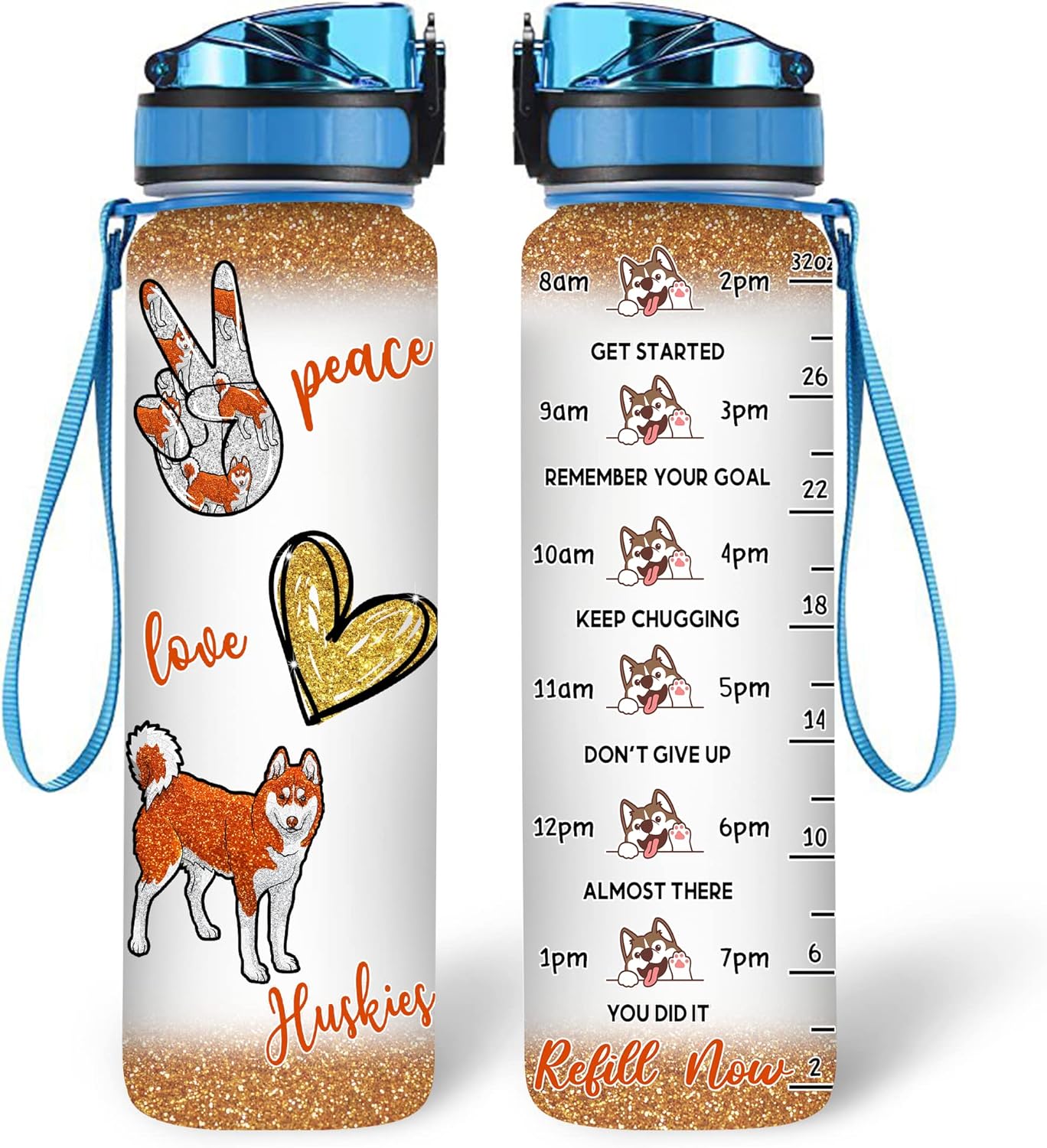 Peace Love Huskies Water Bottle Tracker 32oz – Personalized Motivational Hydration Bottle with Time Marker – Unique Gift for Dog Lovers