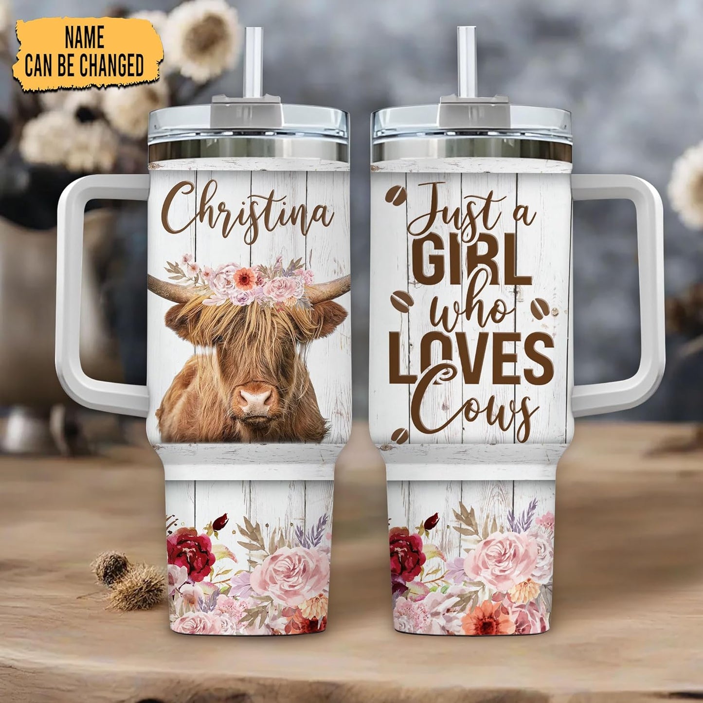 Floral Highland Cow Tumbler 40oz with Handle & Straw – Personalized Stainless Steel Travel Cup with Lid – Unique Gift for Farm Animal Lovers
