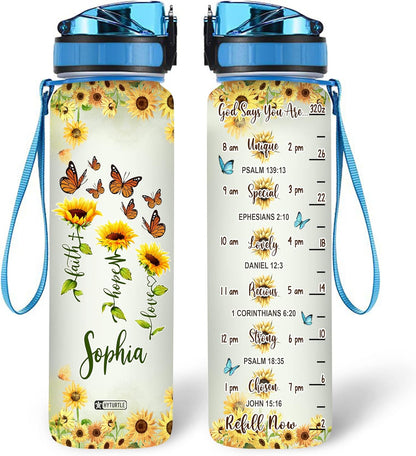 Faith Hope Love Sunflower Water Bottle Tracker 32oz – Personalized Motivational Bottle with Time Marker – Inspirational Gift for Women