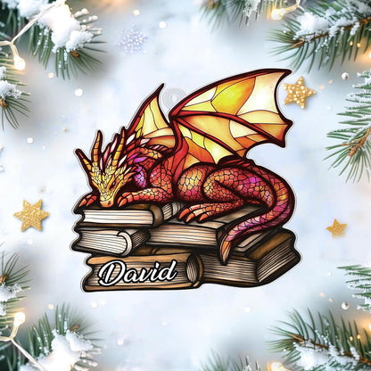 Book Dragon Cut Acrylic Ornament – Personalized Christmas Gift for Bookworm, Reader, or Fantasy Lover – Unique Tree Keepsake