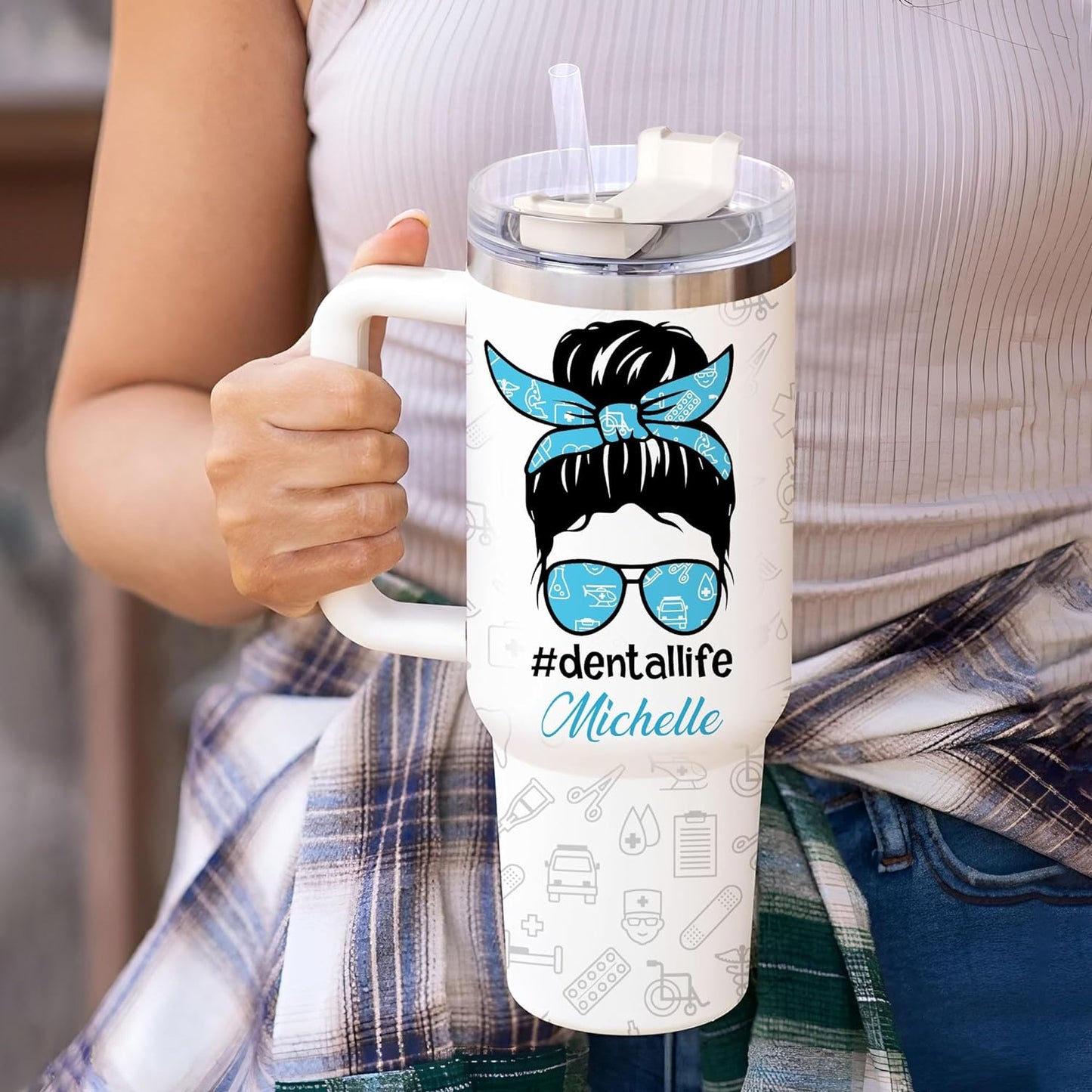 Dentist Life Tumbler 40oz with Handle & Straw – Personalized Stainless Steel Insulated Travel Cup with Lid – Unique Gift for Dental Professionals