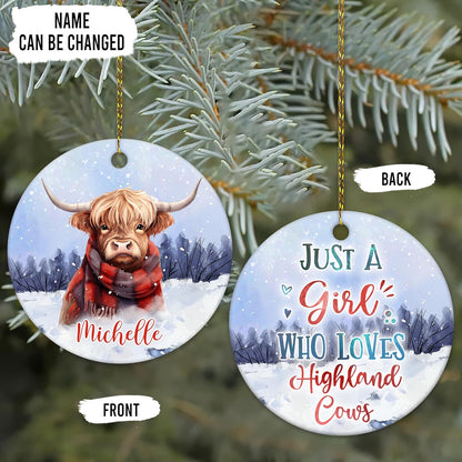 Highland Cow Scarf Ceramic Circle Ornament – Personalized Christmas Gift for Ranch Family or Highland Cow Lover, Cozy Winter Tree Decor