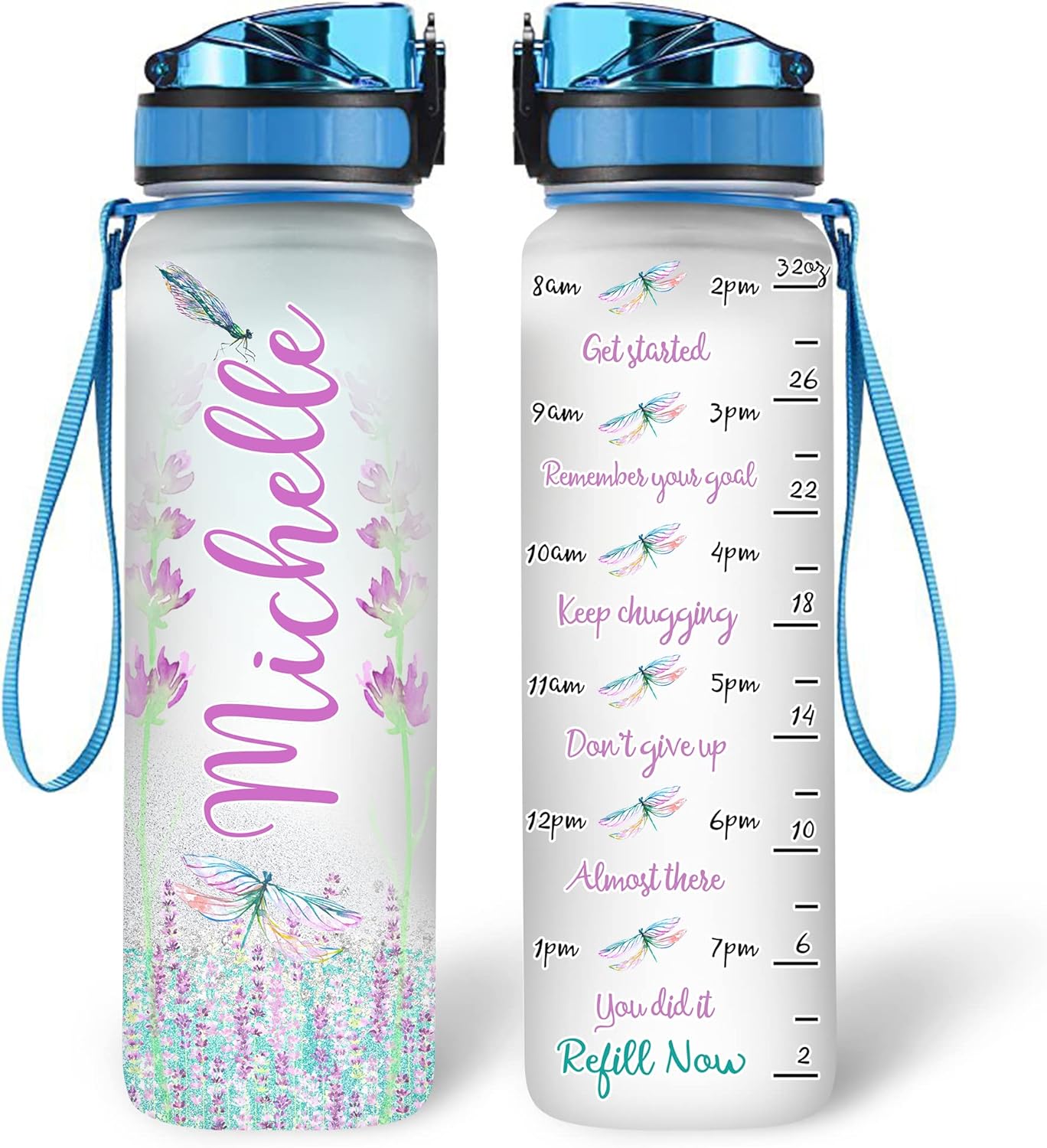 Dragonfly Floral Theme - Personalized Water Tracker Bottle 32oz