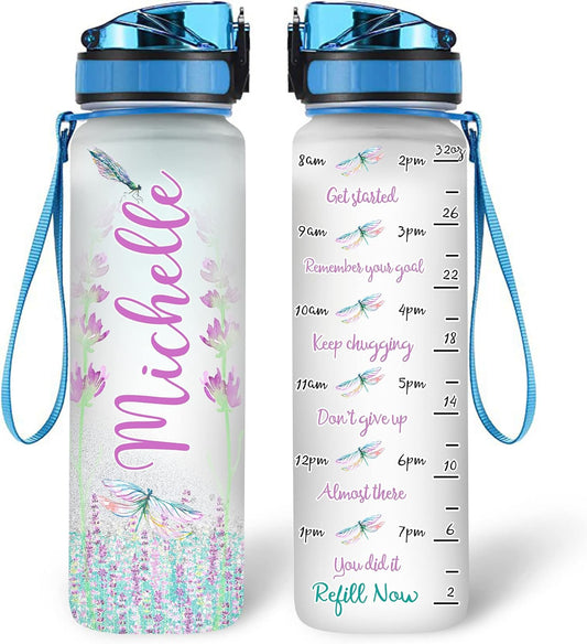 Dragonfly Floral Theme - Personalized Water Tracker Bottle 32oz