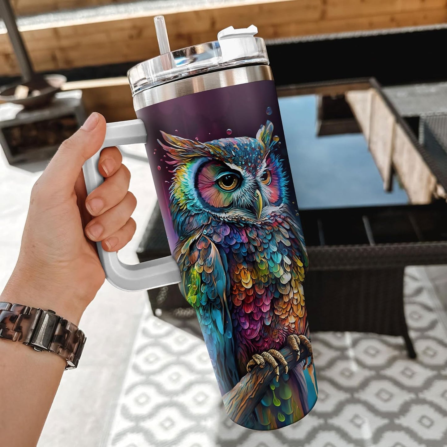 Colorful Owl Tumbler 40oz with Handle & Straw – Personalized Stainless Steel Insulated Travel Cup with Lid – Artistic Gift for Owl Lovers
