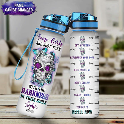 Gothic Skull Butterfly Water Bottle Tracker 32oz – Personalized Motivational Bottle with Time Marker – Unique Dark Aesthetic Gift