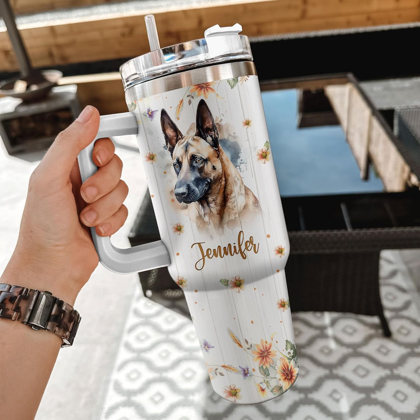 Belgian Malinois Lover Tumbler 40oz with Handle & Straw – Personalized Stainless Steel Insulated Cup with Lid – Gift for Dog Lovers