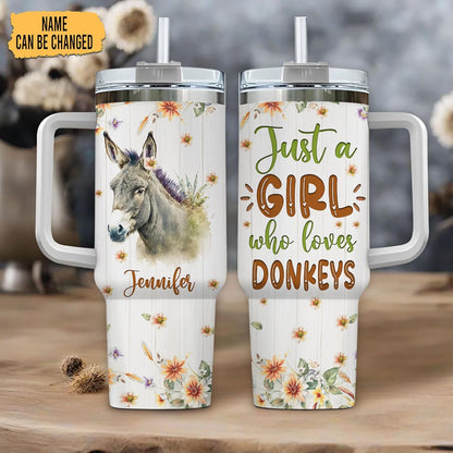 Donkey Lover Tumbler 40oz with Handle & Straw – Personalized Stainless Steel Insulated Travel Cup with Lid – Unique Gift for Animal Lovers