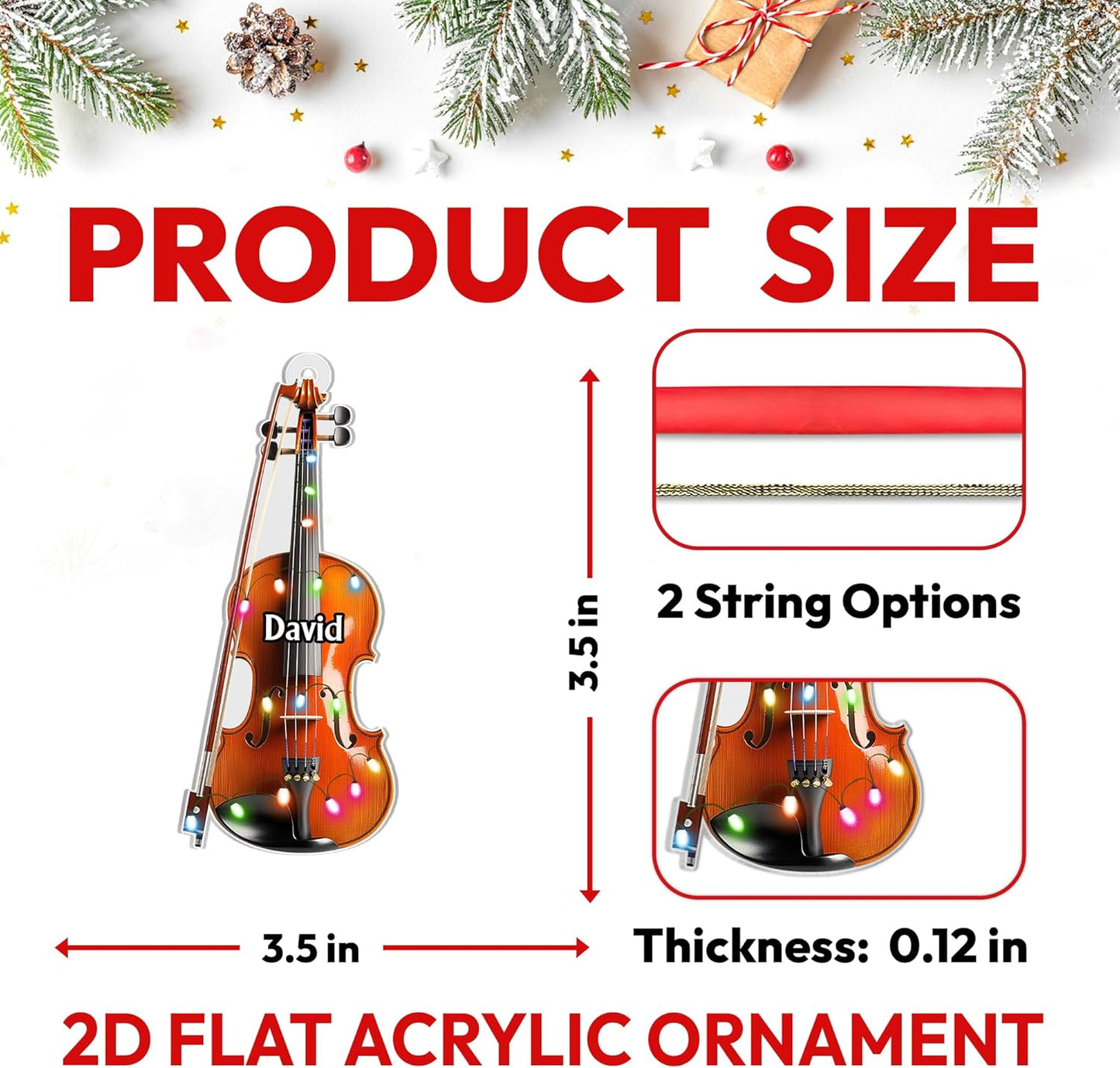 Violin Lights Cut Acrylic Ornament – Personalized 2D Flat Christmas Gift for Musician, Violinist or Teacher, Orchestra and Studio Tree Decor