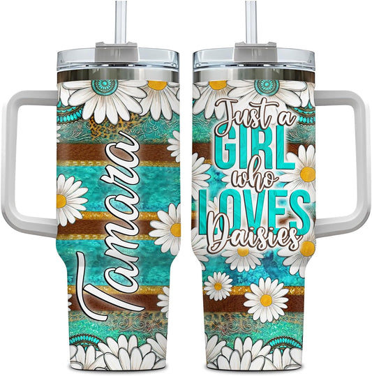 Rustic Daisy Tumbler 40oz with Handle & Straw – Personalized Stainless Steel Insulated Travel Cup with Lid – Unique Floral Gift for Women & Girls