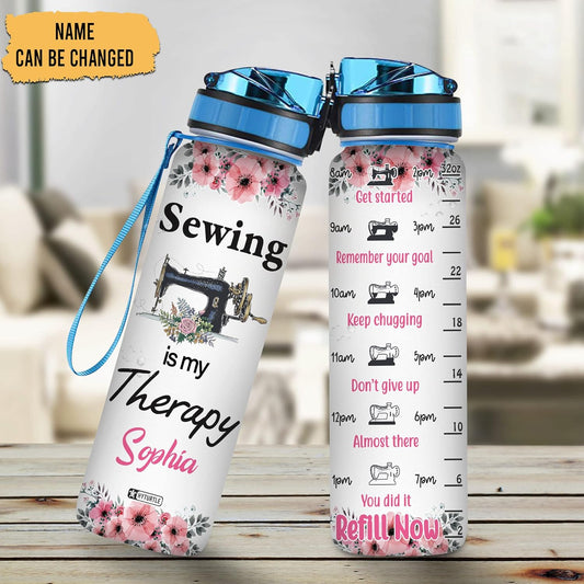 Sewing Therapy Water Bottle Tracker 32oz Personalized – Floral Sewing Machine Hydration Bottle with Time Marker – Creative Gift for Women