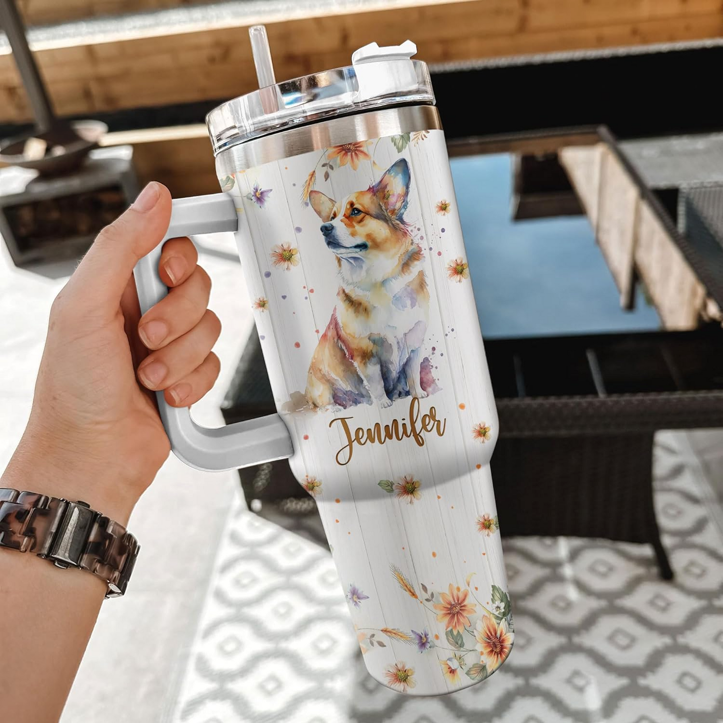 Corgi Lover Tumbler 40oz with Handle & Straw – Personalized Stainless Steel Travel Cup with Lid – Fun Gift for Dog Lovers