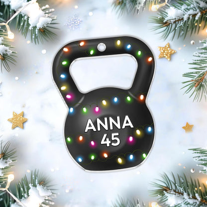 Kettlebell with festive lights cut acrylic ornament – personalized 2D flat silhouette, custom name Christmas gift for lifter, trainer or fitness friend