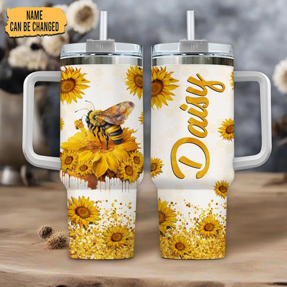 Sunflower Bee Tumbler 40oz with Handle & Straw – Personalized Stainless Steel Insulated Travel Cup with Lid – Unique Gift for Bee Lovers