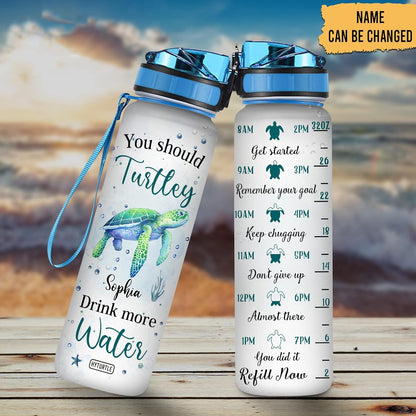 Turtle Ocean Theme Water Bottle Tracker 32oz – Personalized Hydration Bottle with Time Marker – Fun Gift for Turtle Lovers