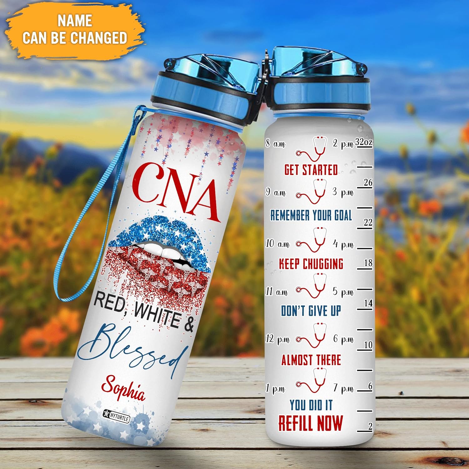 CNA Red,White & Blessed - Personalized Water Tracker Bottle 32oz