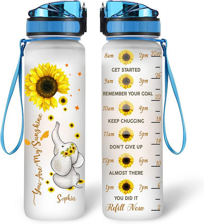 Sunflower Elephant “You Are My Sunshine” Water Bottle Tracker 32oz – Personalized Motivational Bottle with Time Marker – Cute Gift for Women