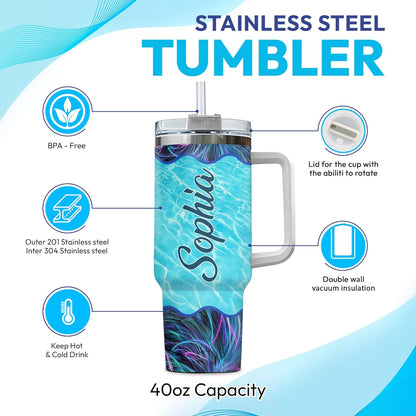 Sea Turtle Ocean Tumbler 40oz with Handle & Straw – Personalized Stainless Steel Insulated Cup with Lid – Stylish Gift for Turtle Lovers